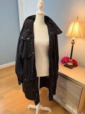 Halogen Black Mid Length Utility Rain Jacket Stowaway Hood